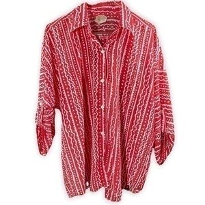 Vintage Red & White Printed Button Up Blouse | Lightweight Sheer Summer Top | L